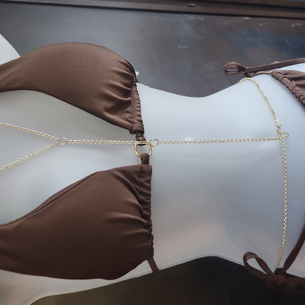 Brown Bikini with Gold Chain Detail